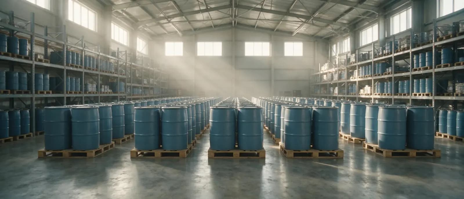 Rows of aseptic drums on pallets in an ambient-temperature warehouse