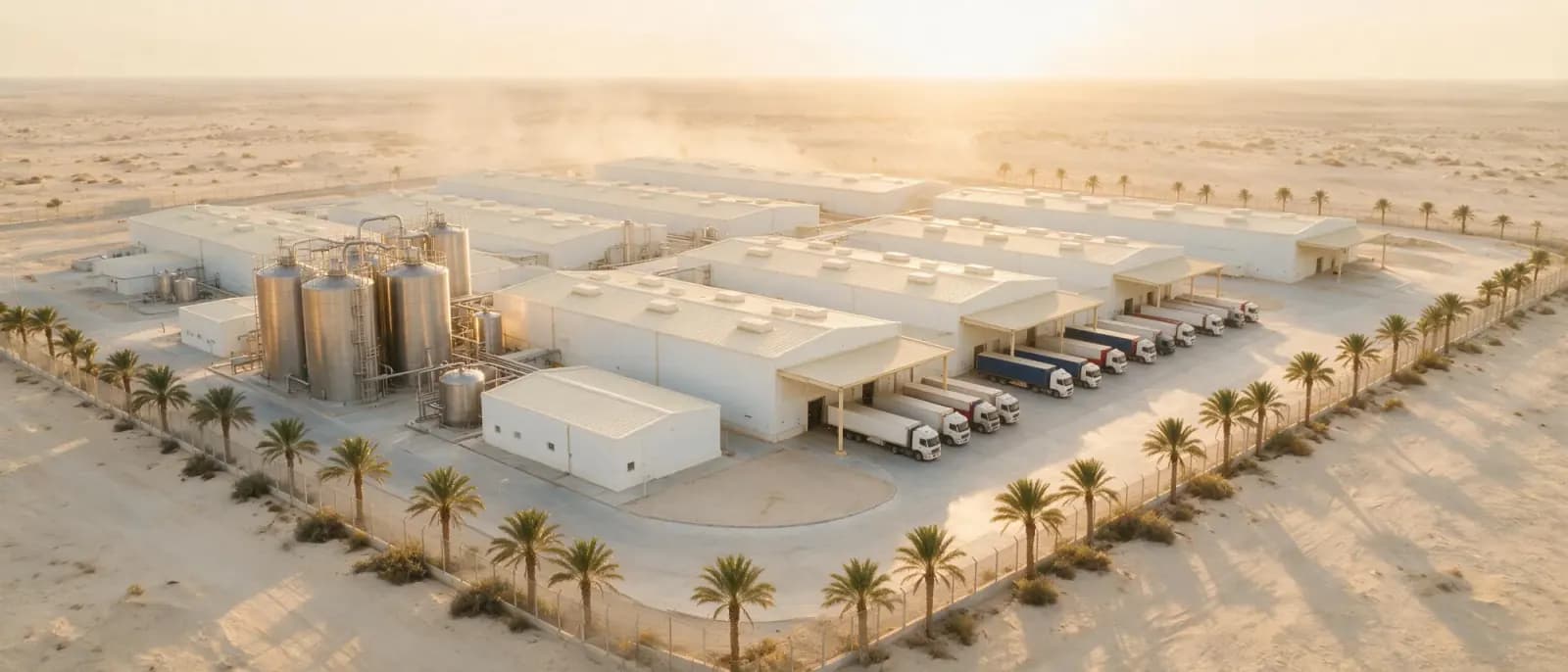 Aerial view of the Alamir Ingredients plant in the Sadat City industrial zone at golden hour