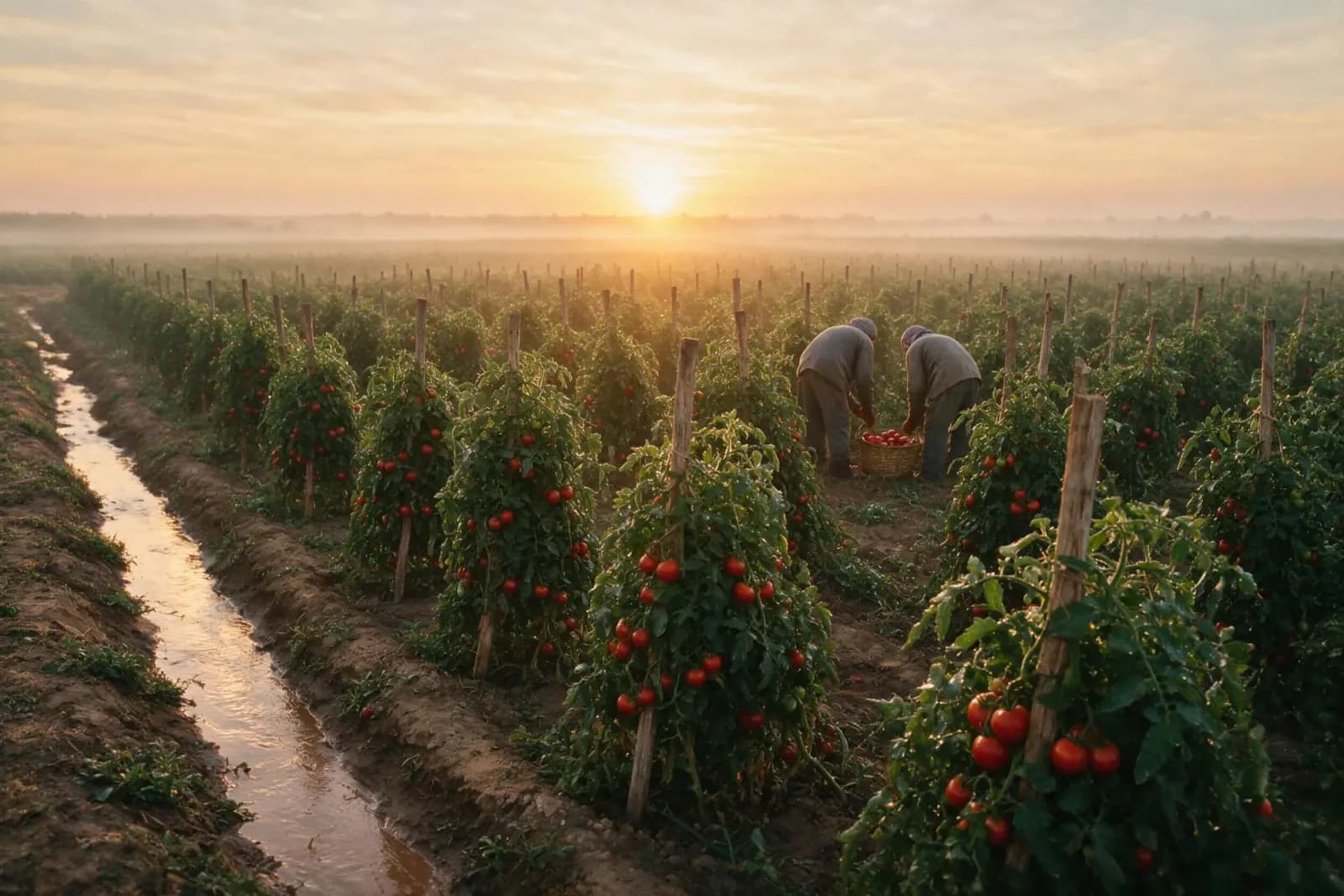 Growers hand-picking ripe tomatoes into crates on an Egyptian farm at sunrise