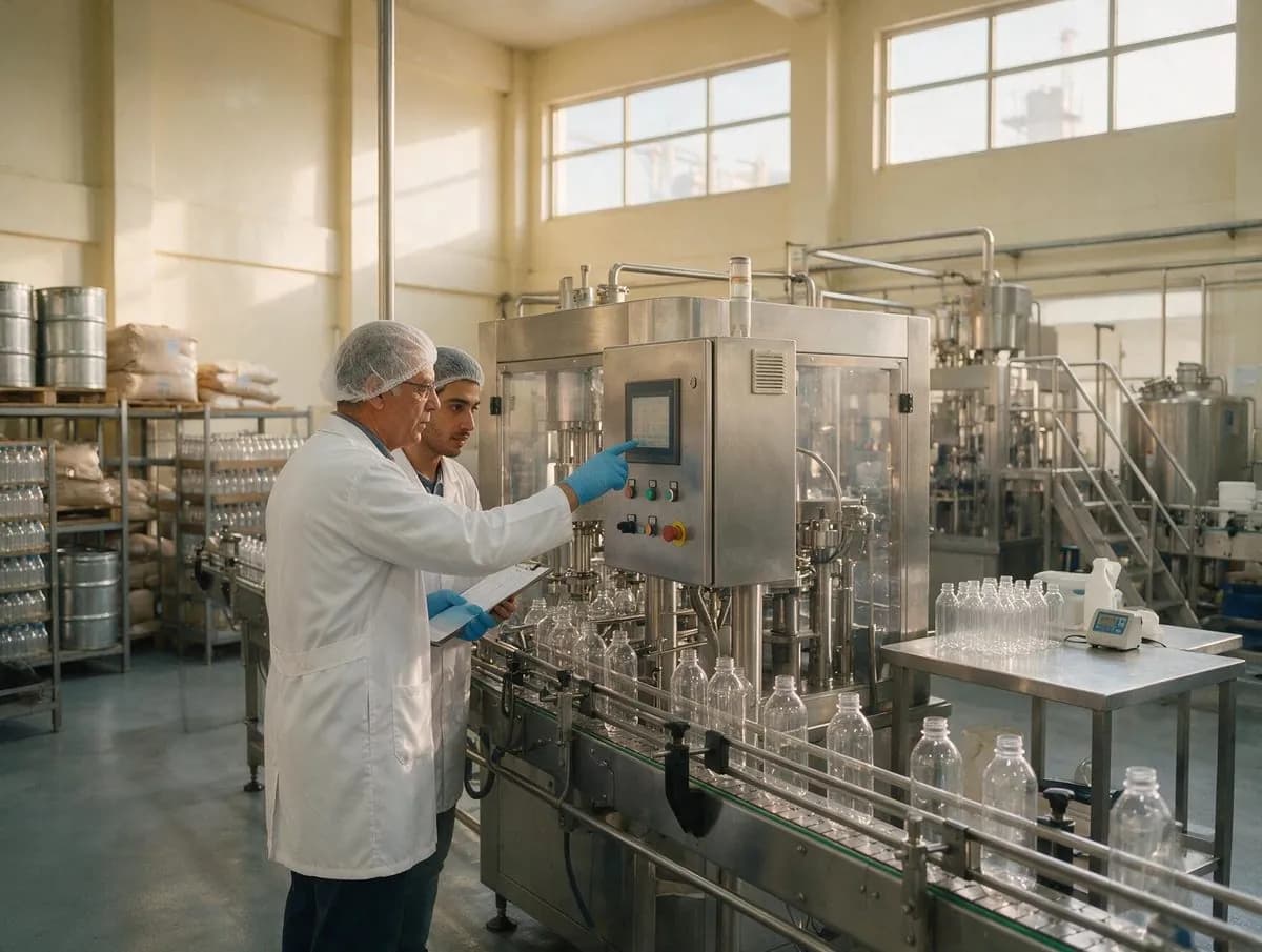 A senior process engineer showing a trainee the controls on an aseptic filling line