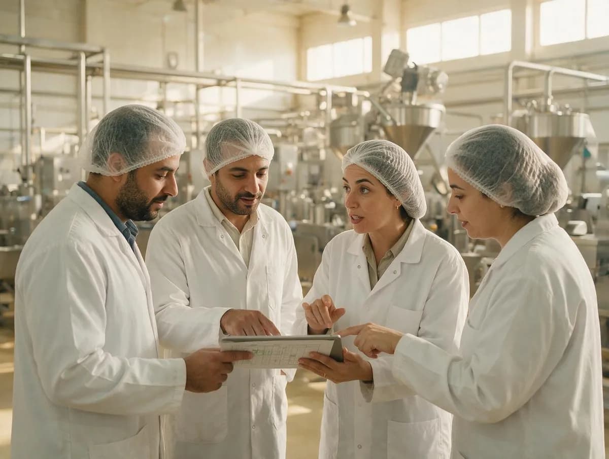 Production, quality and logistics colleagues reviewing the day's plan together on the factory floor