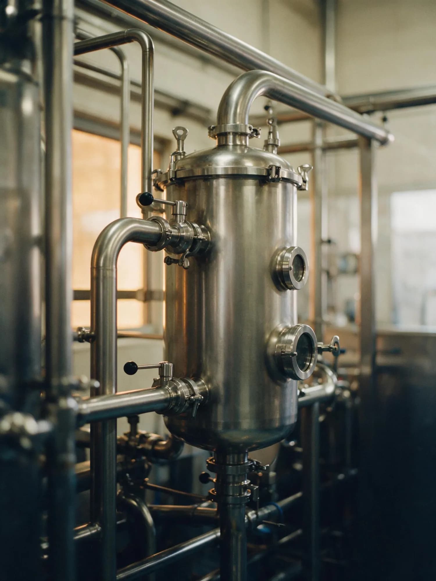 Polished stainless pipework and sanitary valves on the aseptic processing line