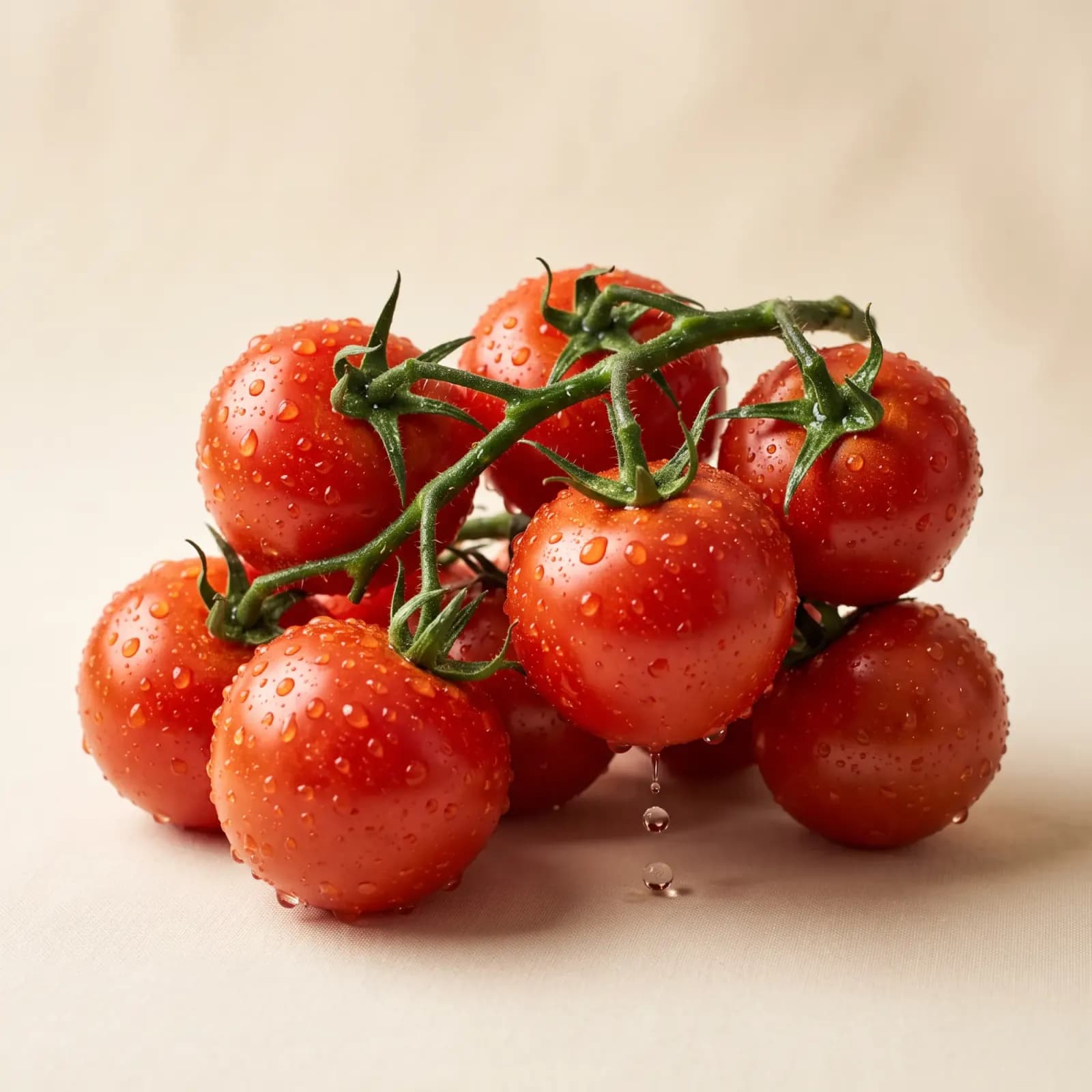 A cluster of freshly washed tomatoes on the vine